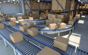boxes on conveyor belts in a warehouse